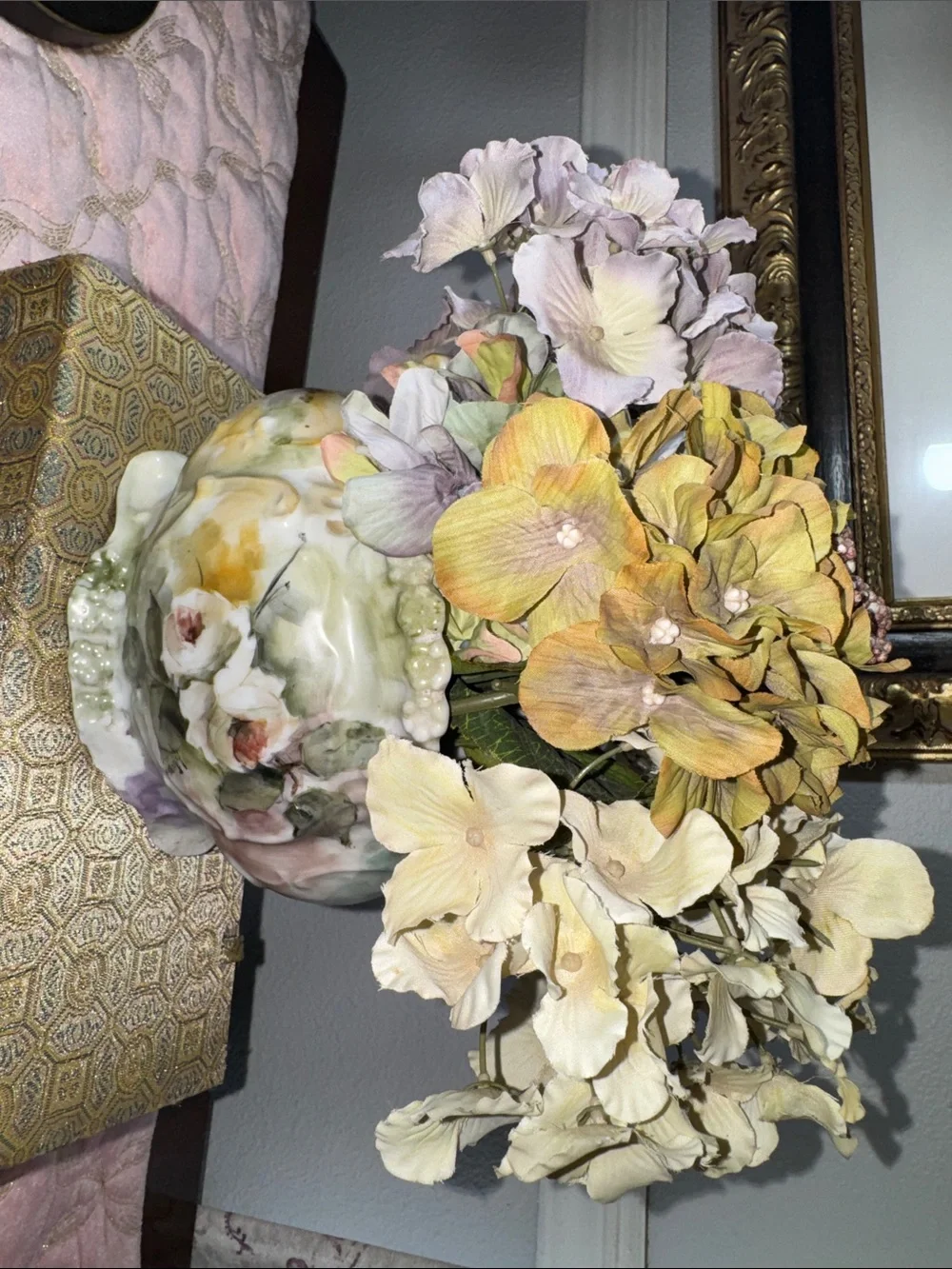 Vintage Floral Ceramic Vase with Yellow and Cream Hydrangea Arrangement